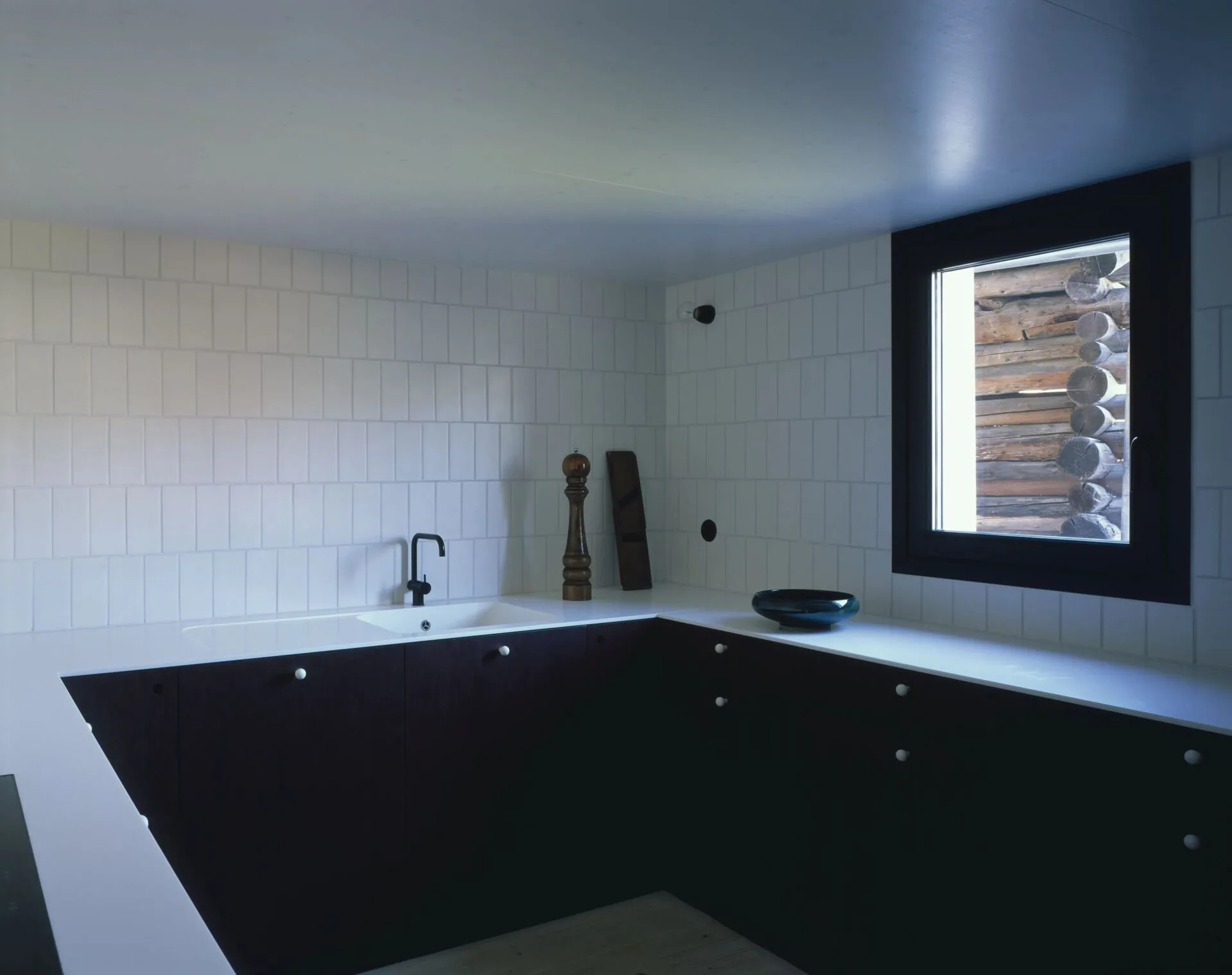 Modern kitchen with dark cabinets and white countertop at Rafter Tschiertschen in Tschiertschen, Switzerland