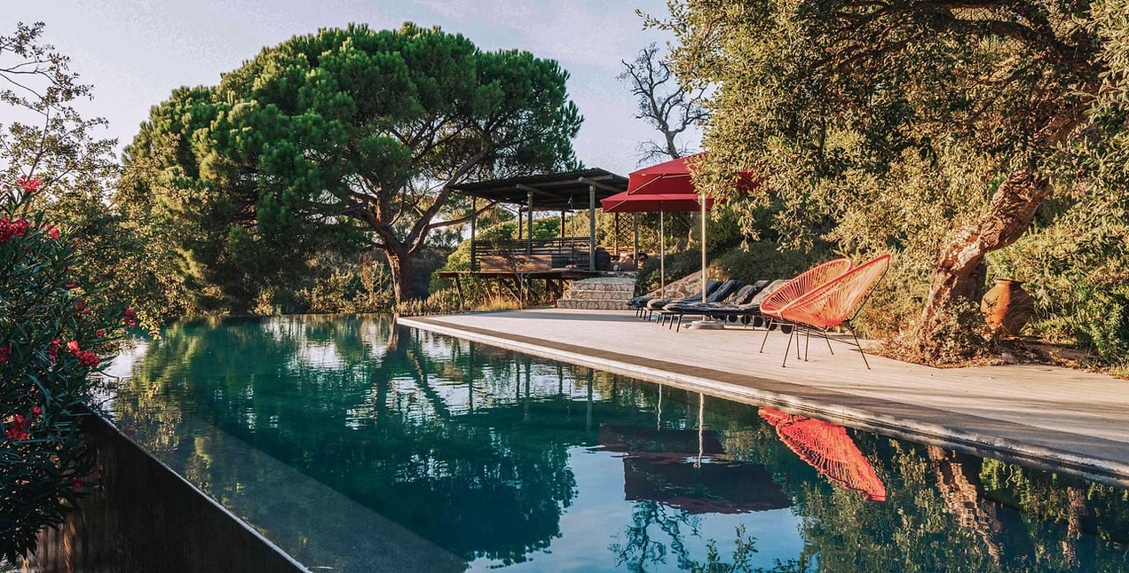Infinity pool with lounge chairs and large trees at Rafter Melides Atlantica in Melides, Portugal