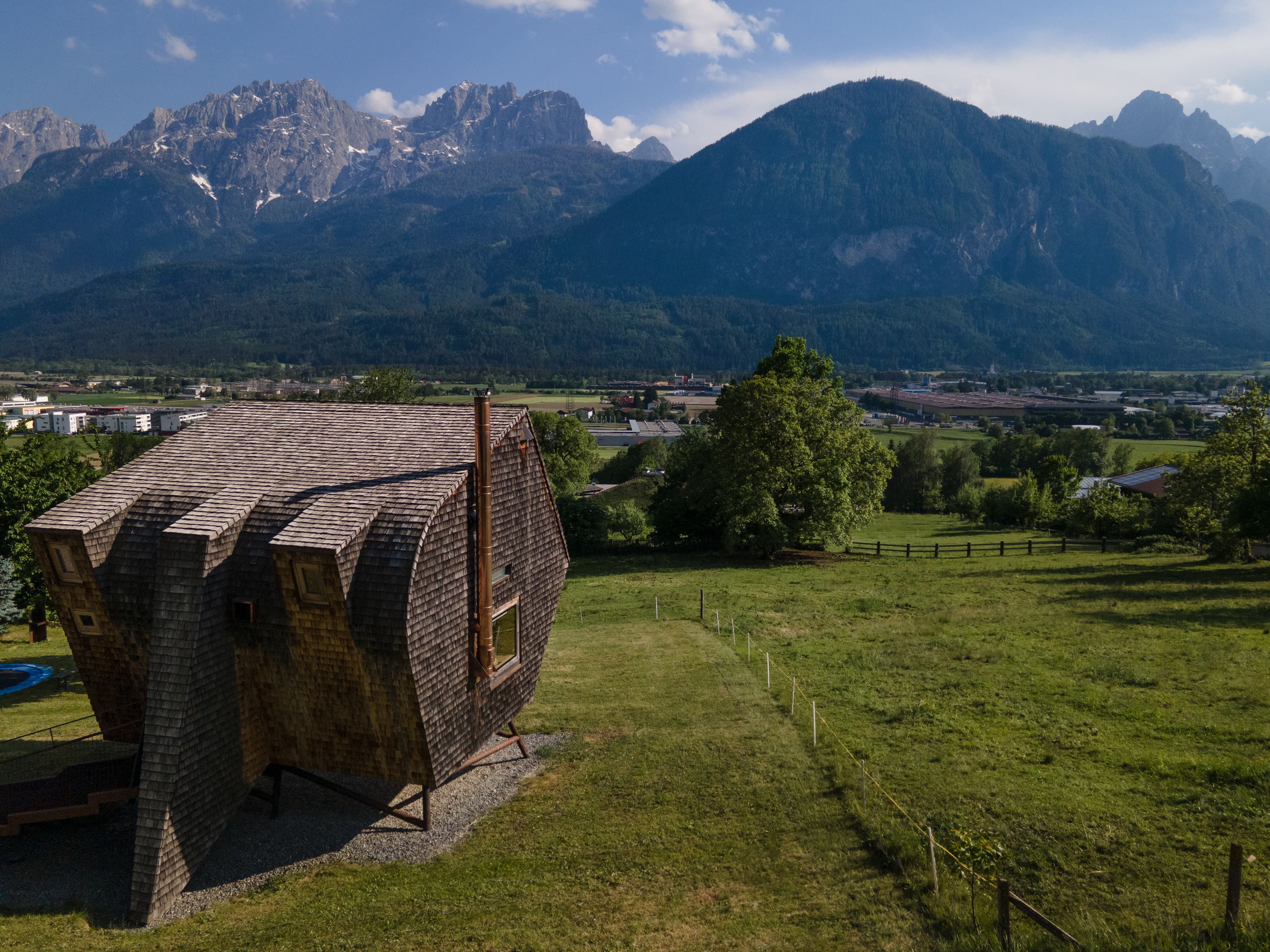 Unique wooden Rafter Ufogel cabin exterior with mountain view in Nußdorf/Debant, Austria
