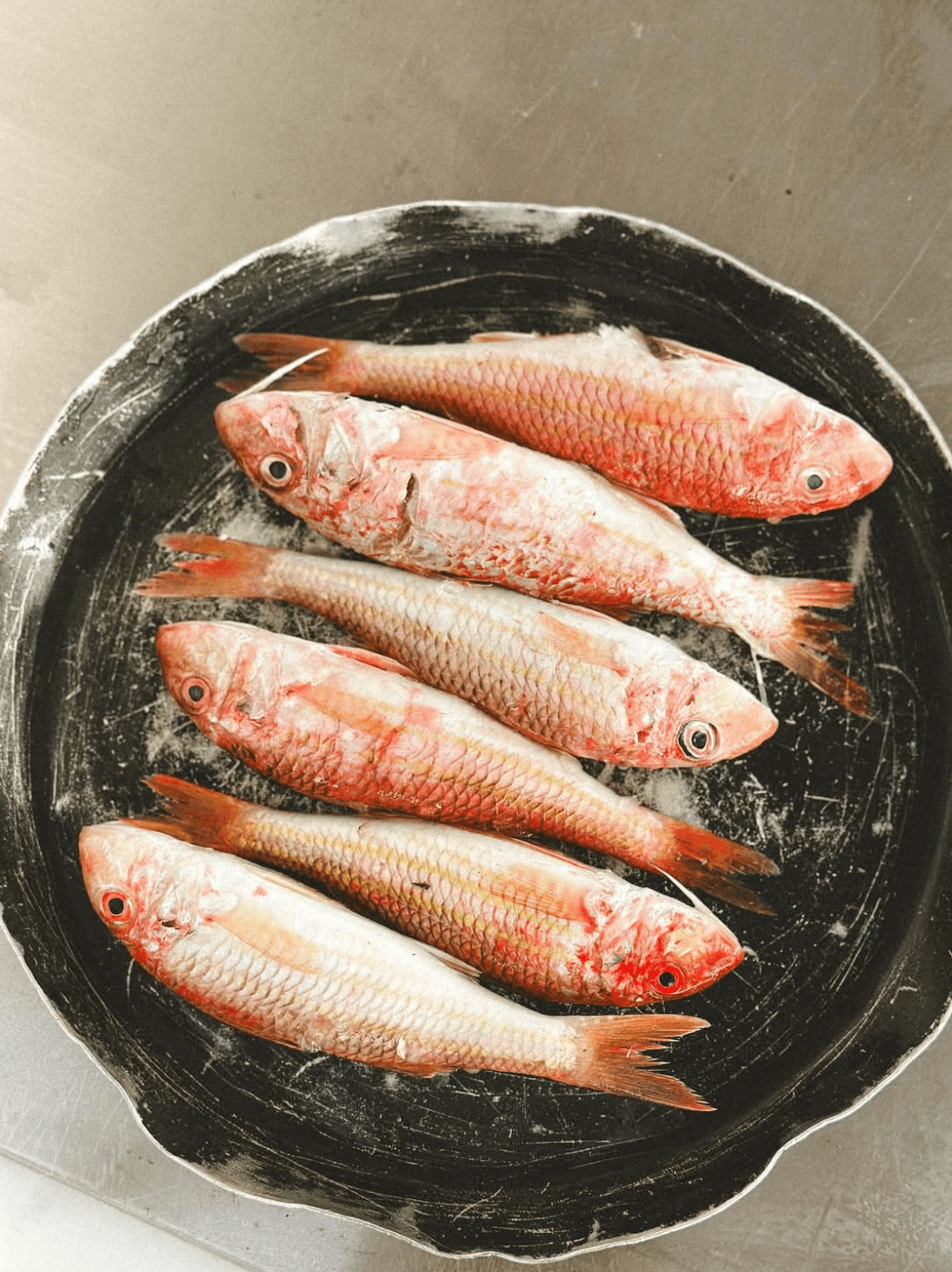 A dark plate with fresh fish on it